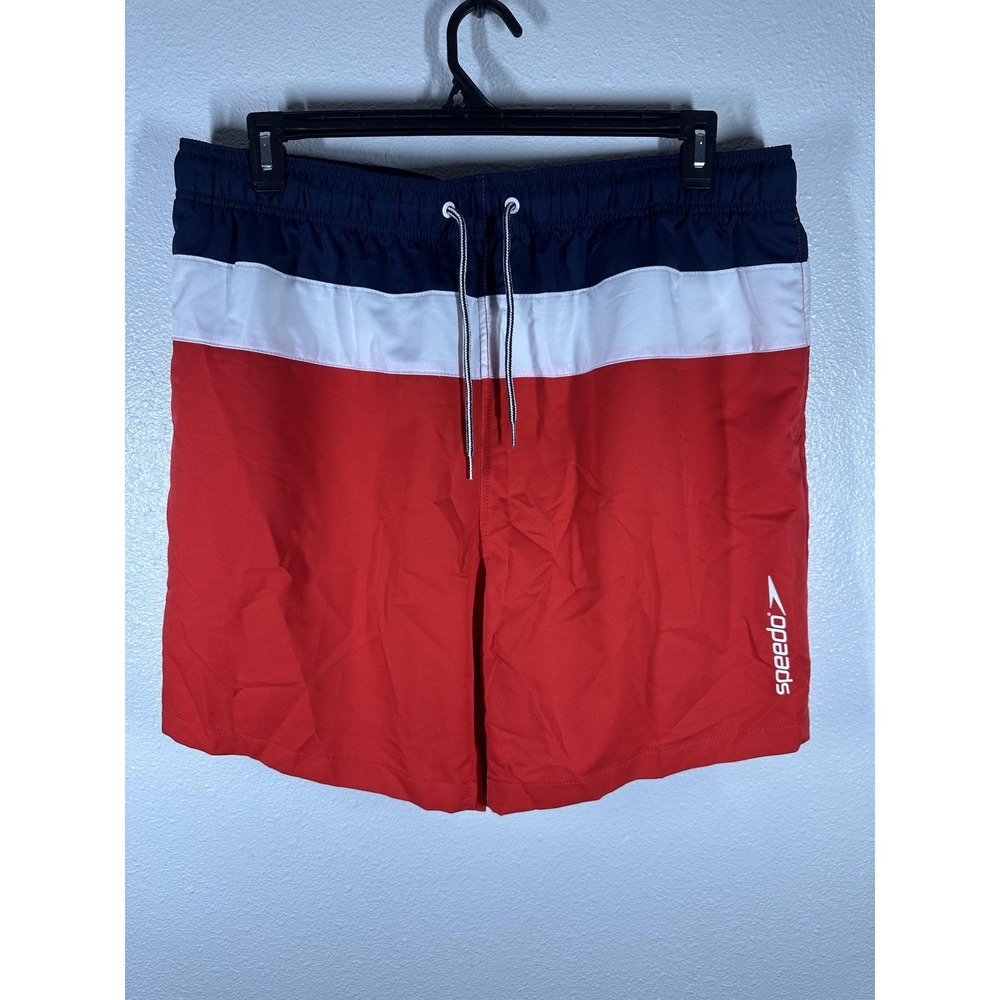 Speedo Swim Trunks Shorts Mens 2XL Red Blue Colorblock Mesh‎ Lined Drawstring